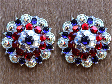 1.5" Hilason Western Style Silver Berry Rhinestone Bling Tack Headstall Saddle Concho Red/Blue
